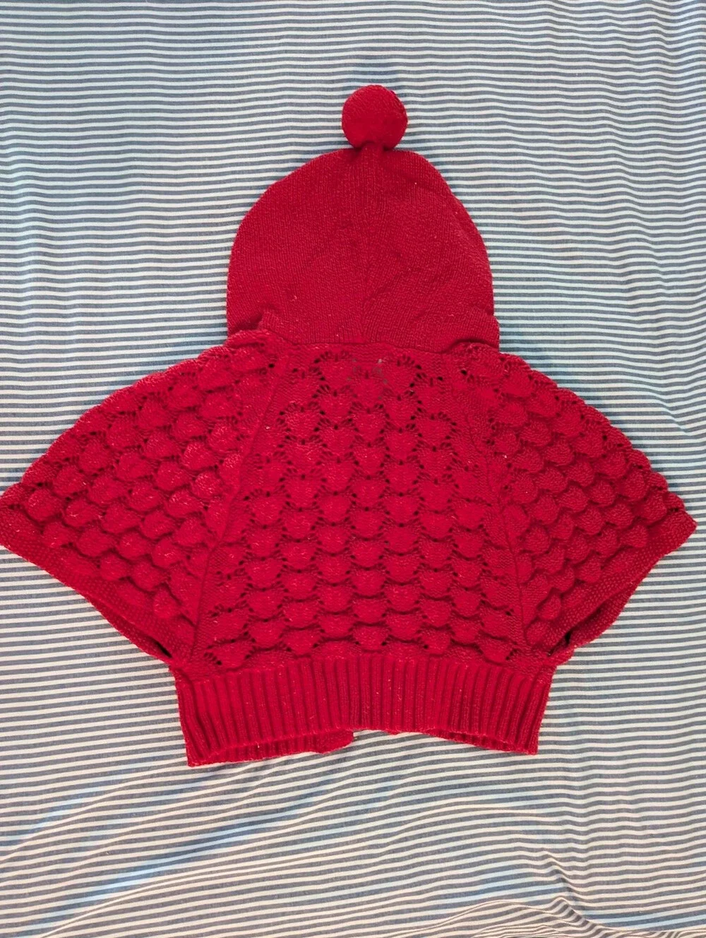 Genuine Kids Oshkosh Red Hooded Knit Sweater Capelet Cape/Cardigan with Pompom